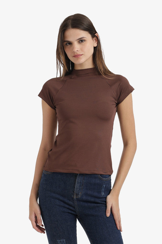 Plain High-Neck Slim Fit Top – Dark Brown