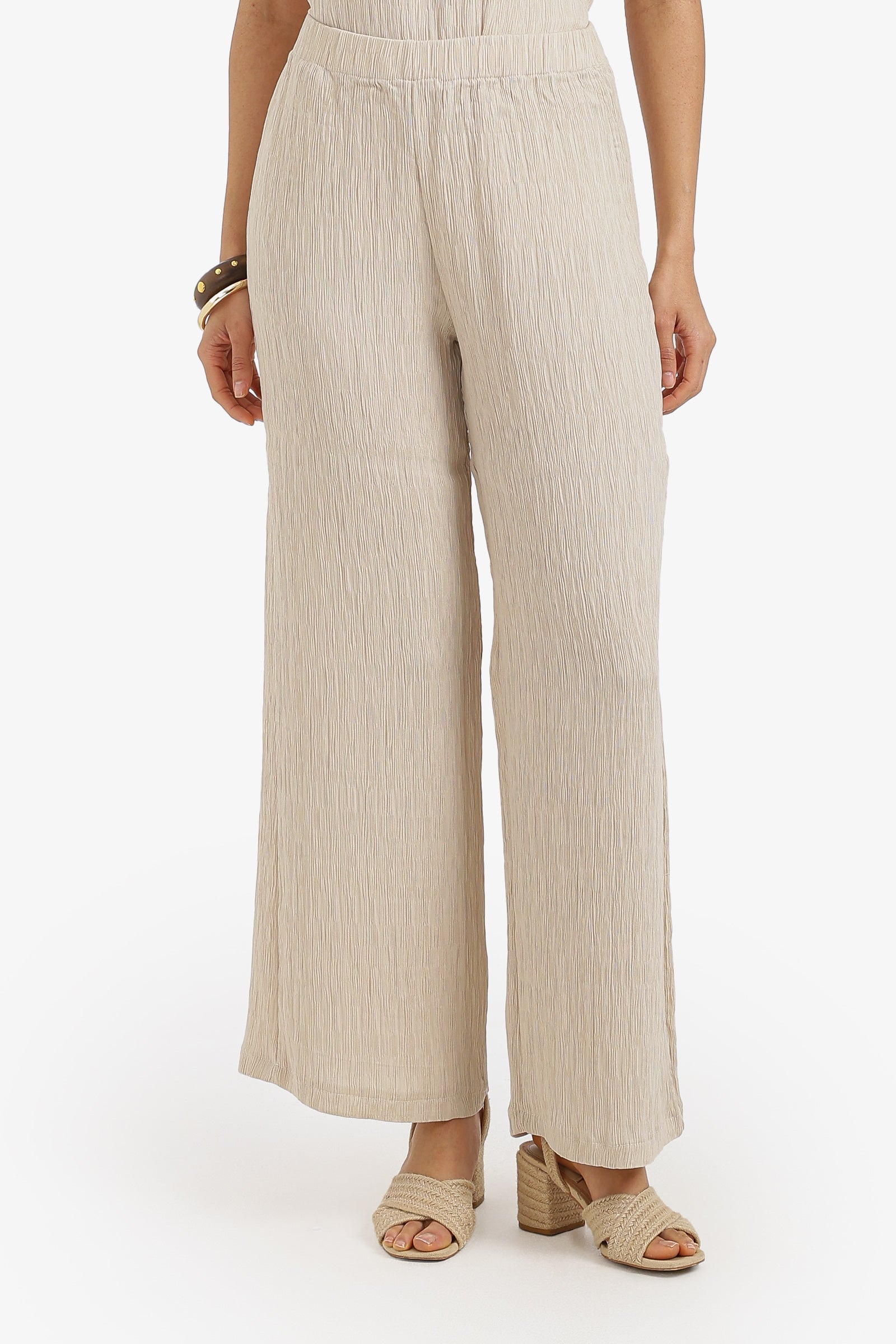 Textured Wide-Leg Pants – Light Beige