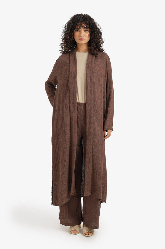 Textured Open-Front Midi Kimono – Dark Brown