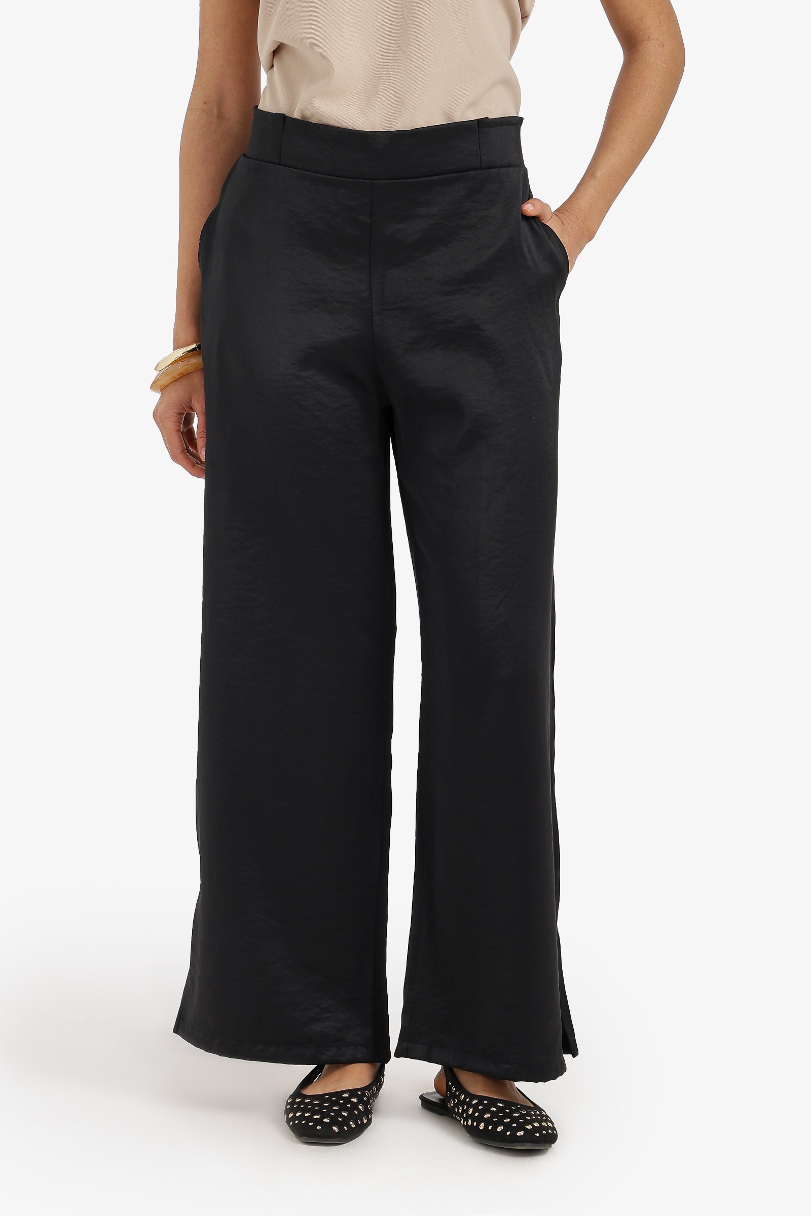 Plain Elasticated Waist Wide-Leg Pants – Black