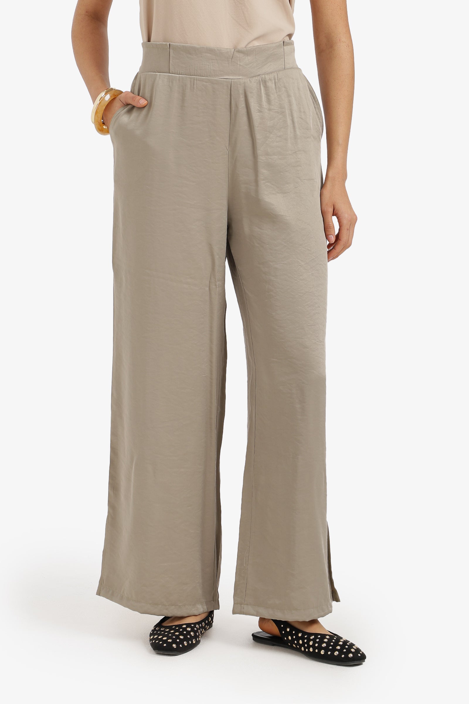 Plain Elasticated Waist Wide-Leg Pants – Olive