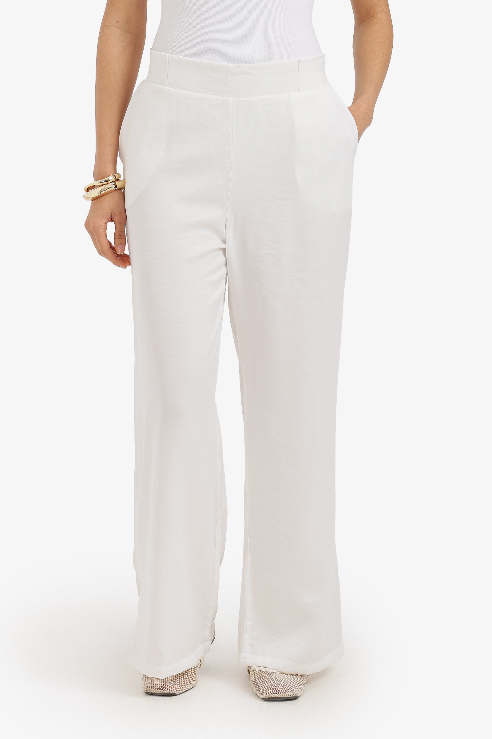 Plain Elasticated Waist Wide-Leg Pants – Off White