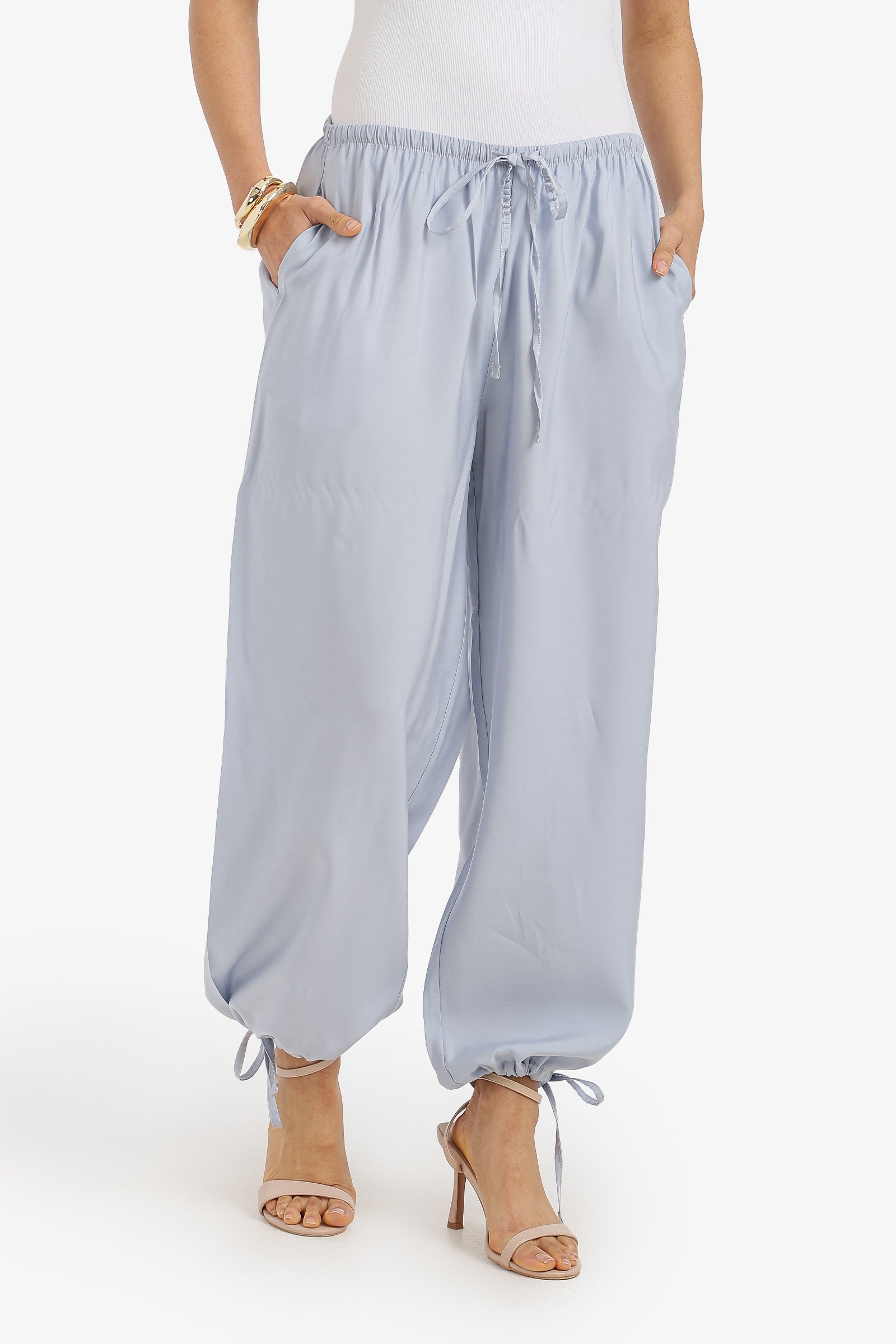 Plain Adjustable Waist Cinched Pants – Light Blue