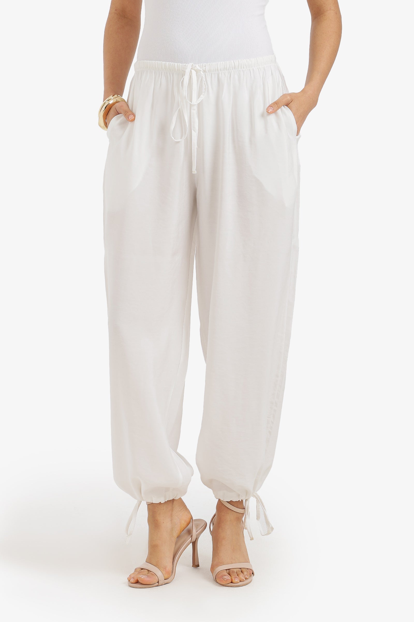 Plain Adjustable Waist Cinched Pants – White