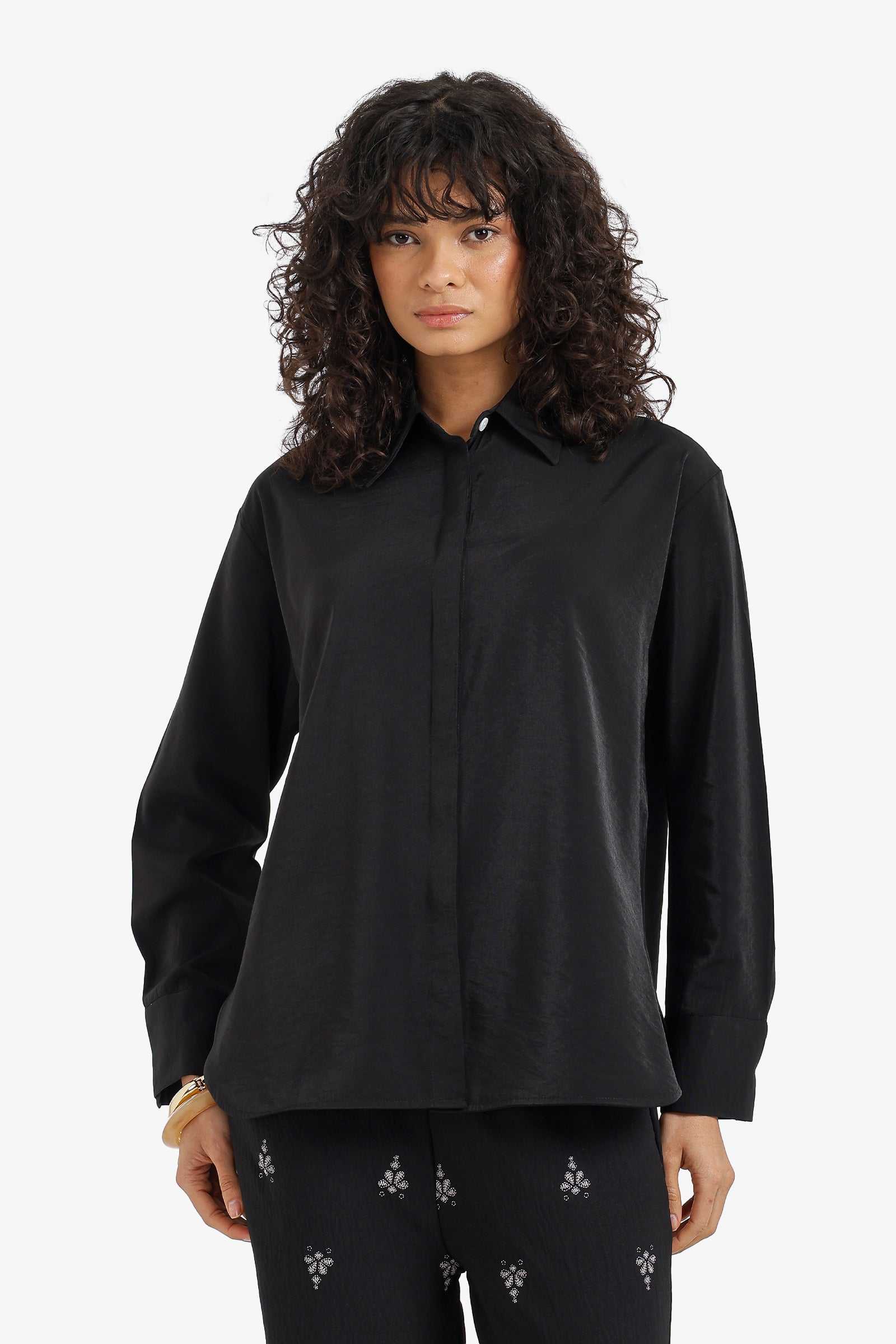 Plain Turn-Down Collar Relaxed Shirt – Black