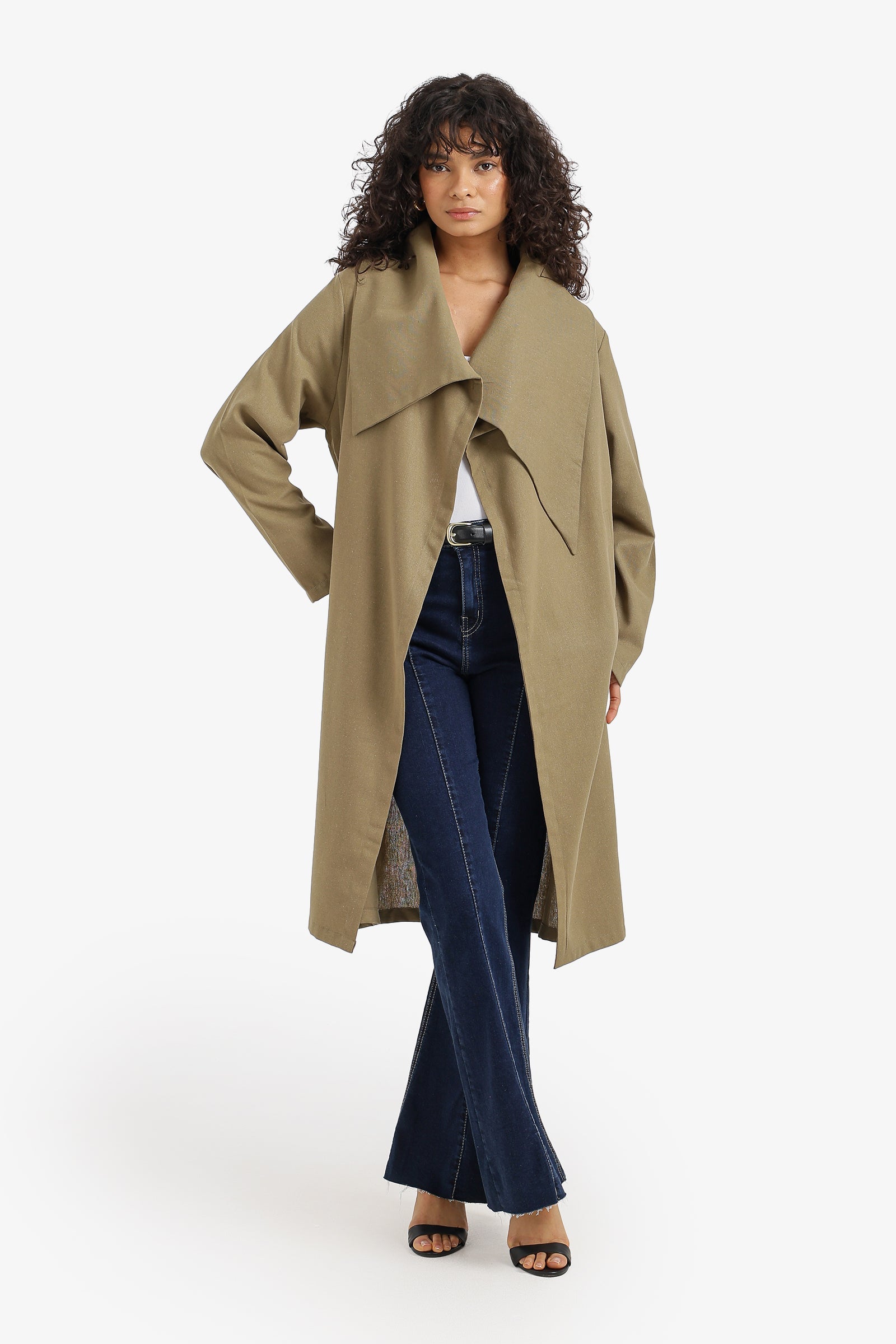 Plain Draped Collar Open Jacket – Olive