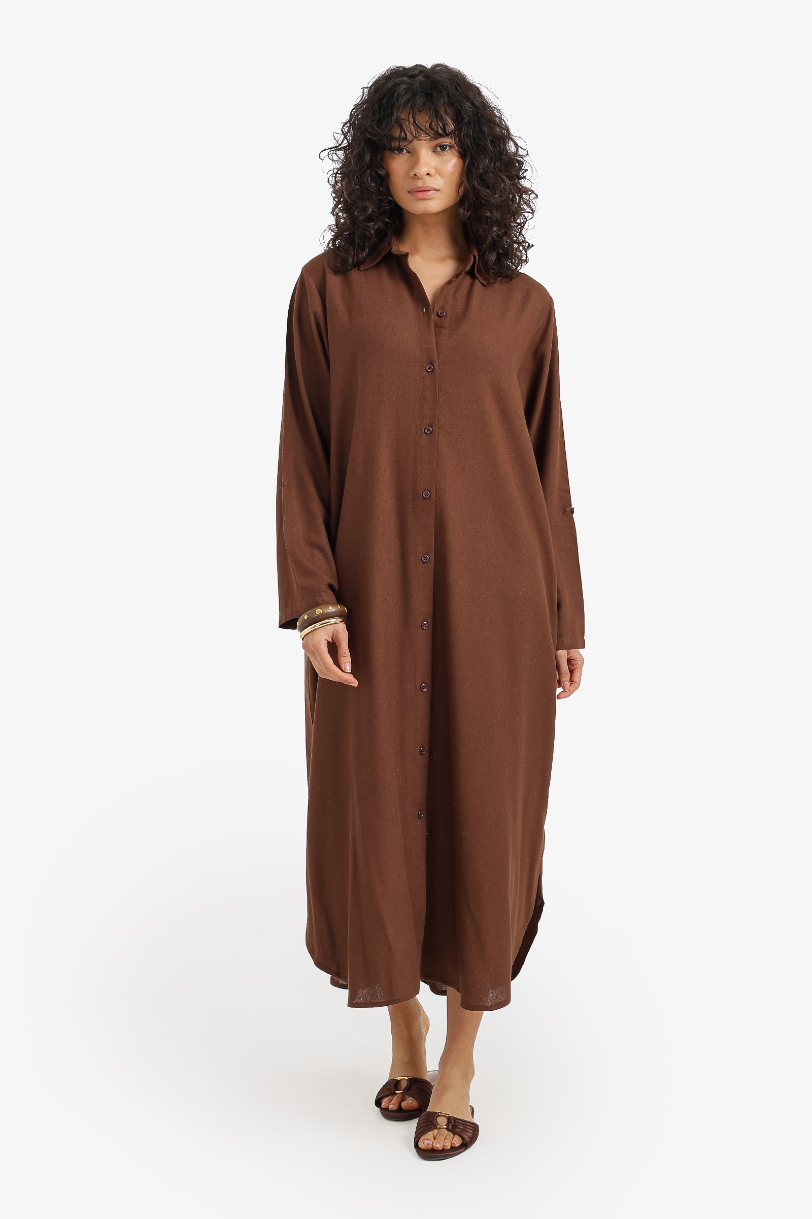 Plain Buttoned Relaxed Midi Dress – Dark Brown