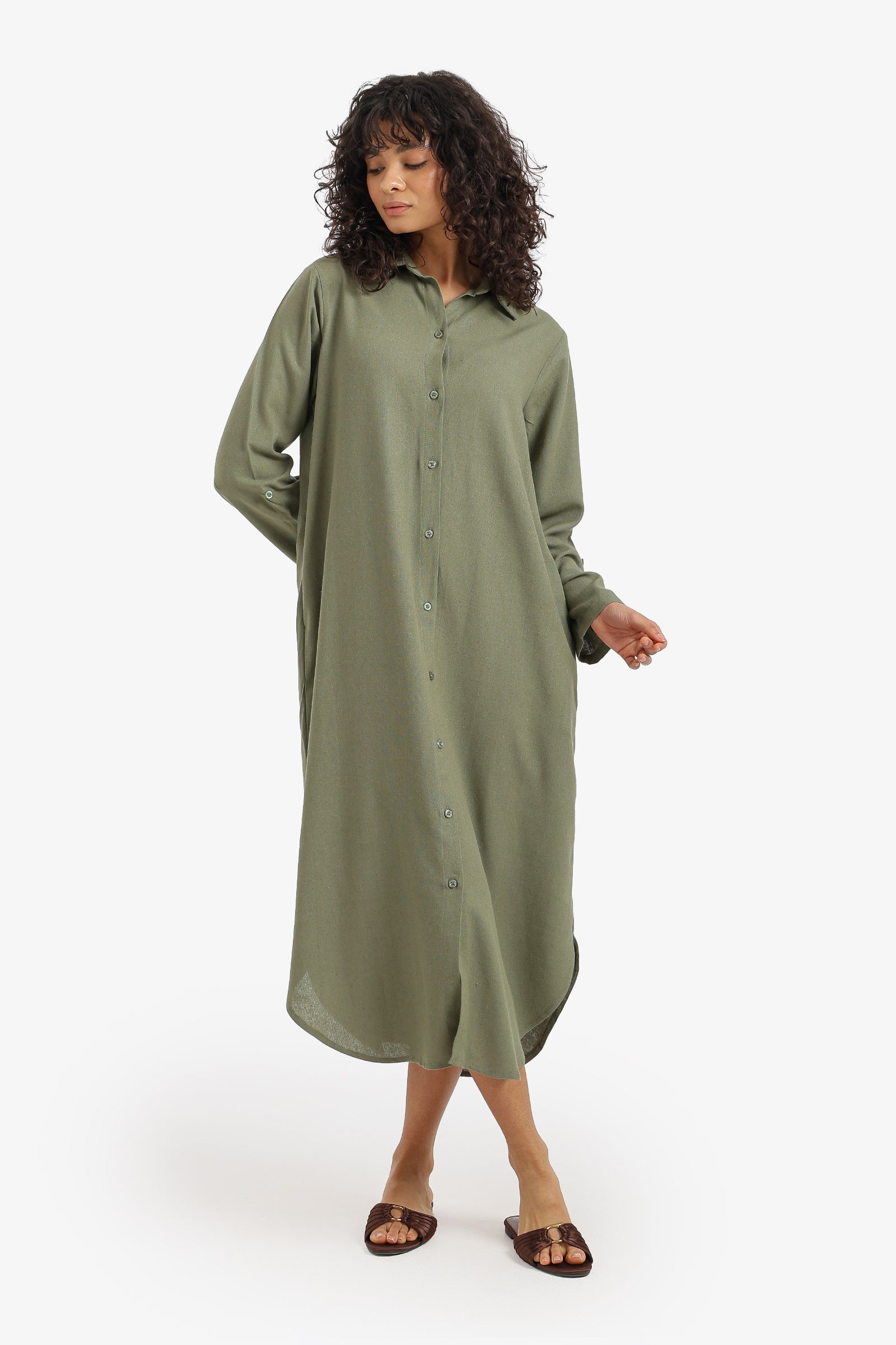 Plain Buttoned Relaxed Midi Dress – Olive