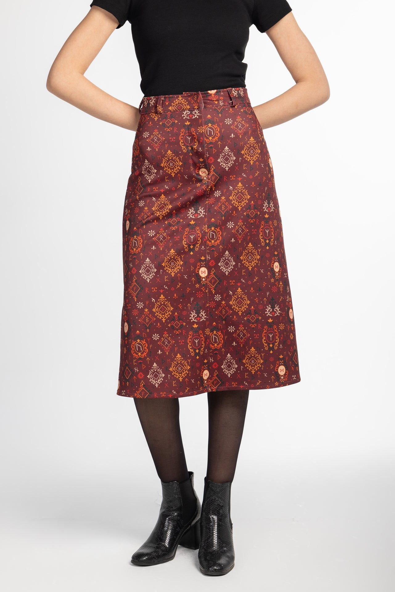 Scuba Printed Midi Skirt – Burgundy