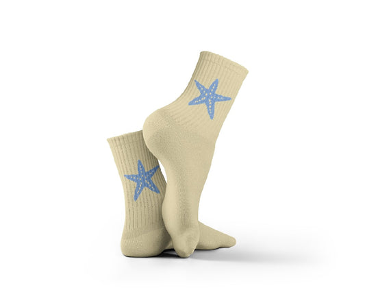 Cotton Blue Star Pattern Crew Socks - Light Beige