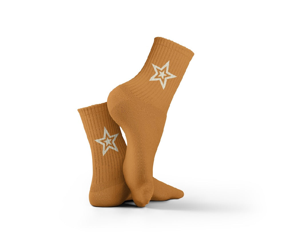 Cotton White Star Pattern Crew Socks - Brown