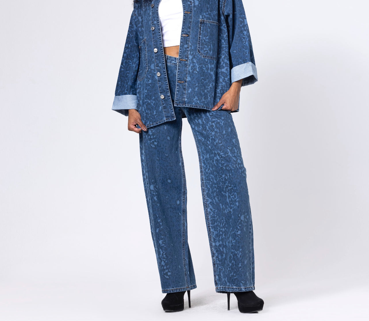 Denim Leopard Print Wide-Leg Pants - Blue