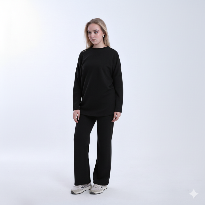 Wool Solid Wide-Leg Set – Black