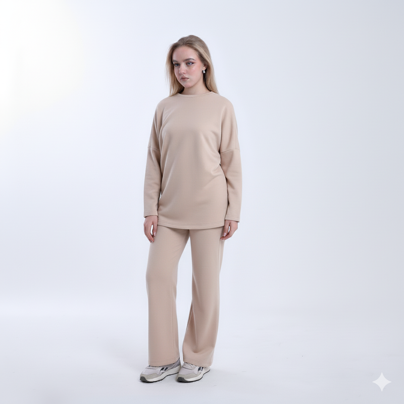 Wool Solid Wide-Leg Set – Beige