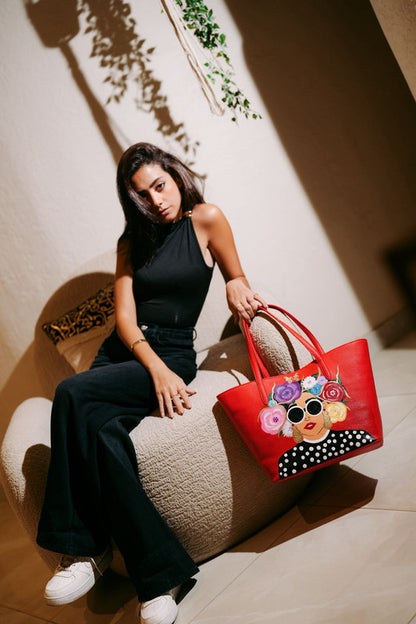 Faux Leather Artistic Face Embellished Shoulder Bag – Red