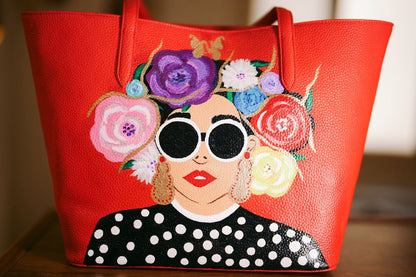 Faux Leather Artistic Face Embellished Shoulder Bag – Red