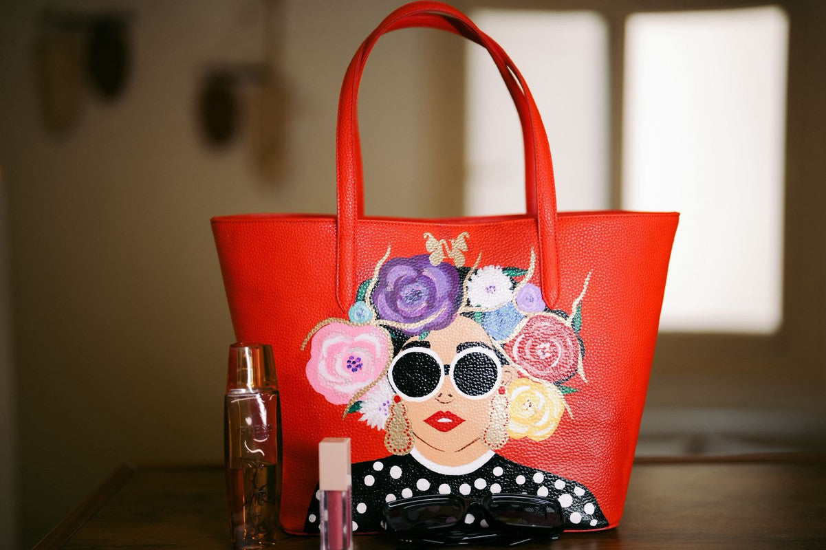 Faux Leather Artistic Face Embellished Shoulder Bag – Red