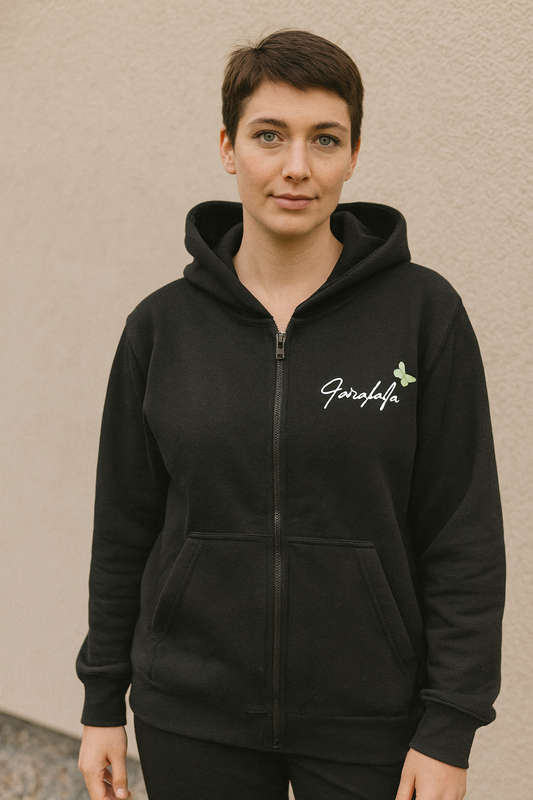 Melton Cotton Butterfly-Print Zip-Up Hoodie – Black