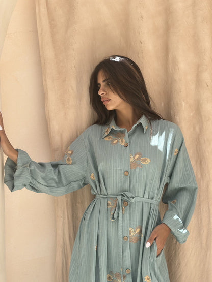 Embroidered Linen Shirt Dress – Mint