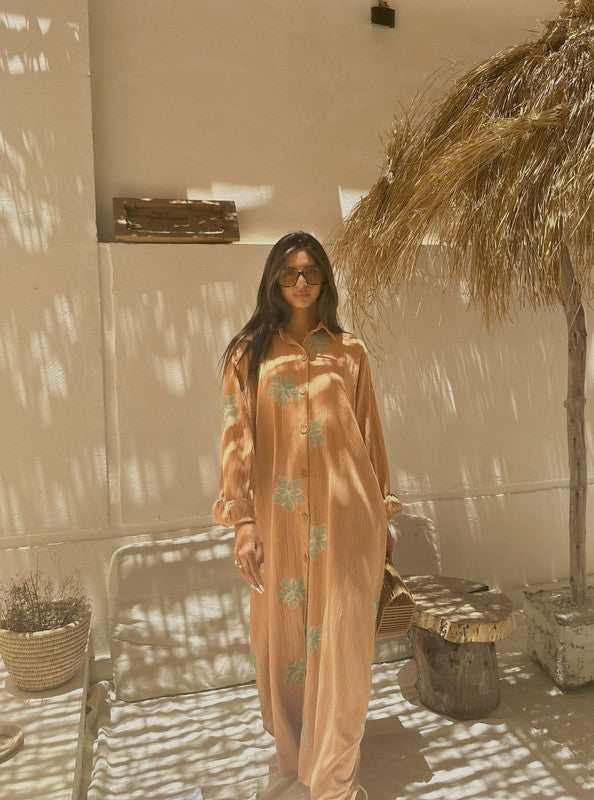Embroidered Linen Shirt Dress – Light Brown