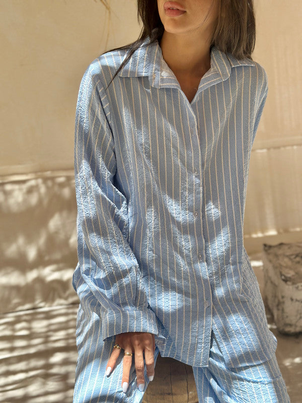 Crinkle Linen Striped Set - Light Blue