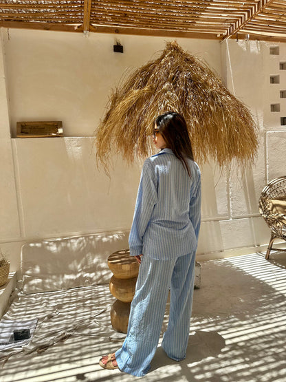 Crinkle Linen Striped Set - Light Blue