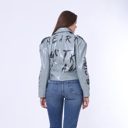 Printed Belt Leather Jacket