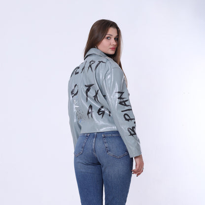 Printed Belt Leather Jacket