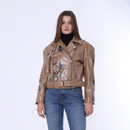 Printed Belt Leather Jacket