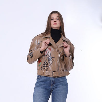 Printed Belt Leather Jacket