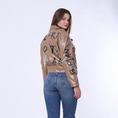 Printed Belt Leather Jacket