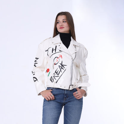 Printed Belt Leather Jacket