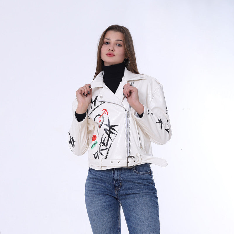 Printed Belt Leather Jacket