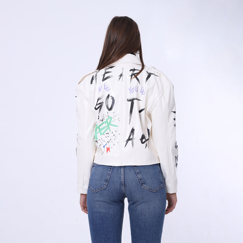 Printed Belt Leather Jacket