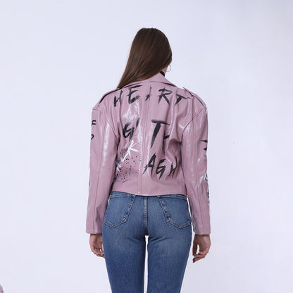 Printed Belt Leather Jacket