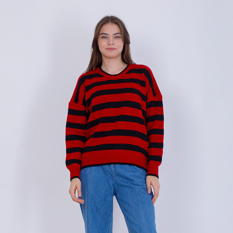 Red Knitted Stripped Bi-Toned Pullover