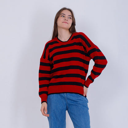 Red Knitted Stripped Bi-Toned Pullover