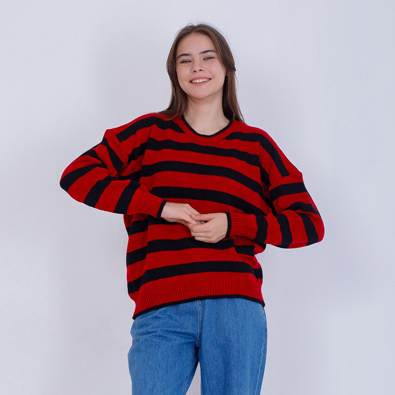 Red Knitted Stripped Bi-Toned Pullover