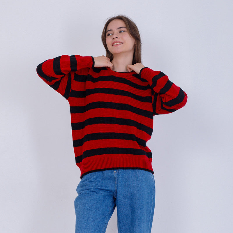 Red Knitted Stripped Bi-Toned Pullover