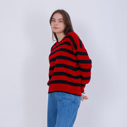 Red Knitted Stripped Bi-Toned Pullover