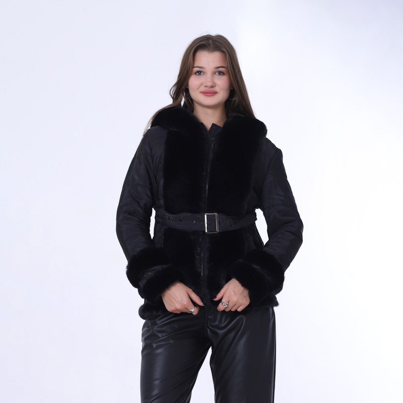 Belted Water Proof Jacket With Soft Fur And Zipper