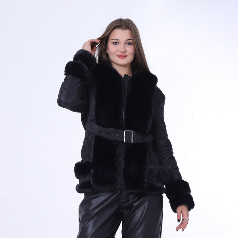 Belted Water Proof Jacket With Soft Fur And Zipper