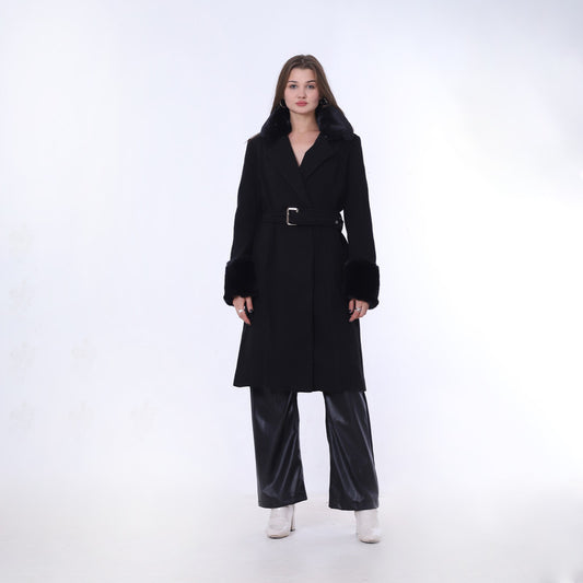 Long Belted Coat With Fur Collar