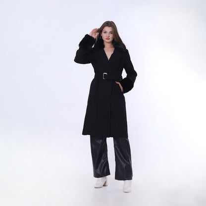 Long Belted Coat With Fur Collar