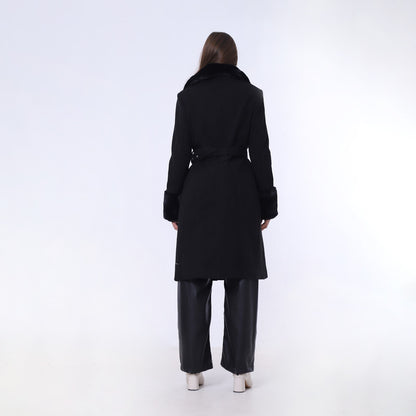 Long Belted Coat With Fur Collar