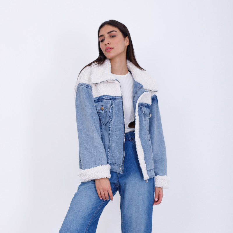 Denim Jacket with Fur Collar