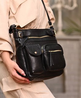 Faux Leather Multi-Pocket Crossbody Handbag – Black