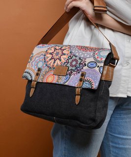 Canvas Mandala Pattern Flap Crossbody Bag – Black