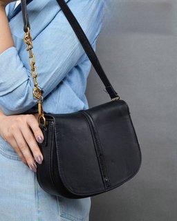 Faux Leather Saddle Crossbody Bag with Gold Chain Detail – Black