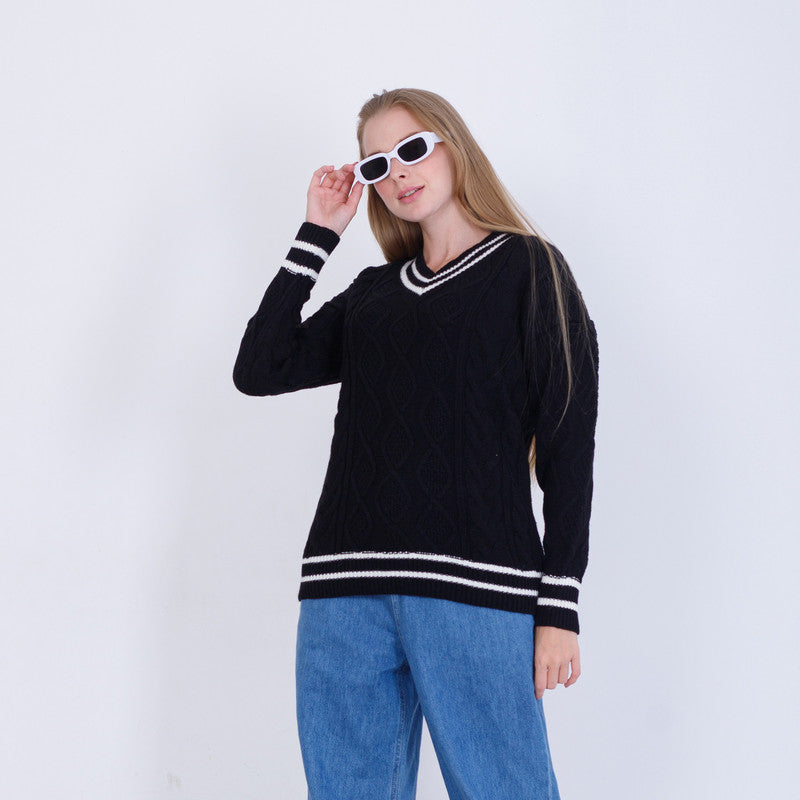 Black Knitted V Neck Pullover